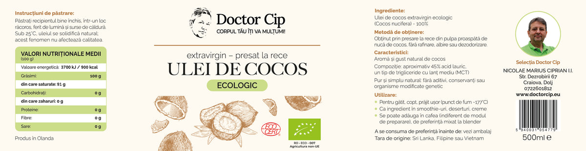 Aceite de coco prensado en frío bio 500 ml - Selección Doctor Cip